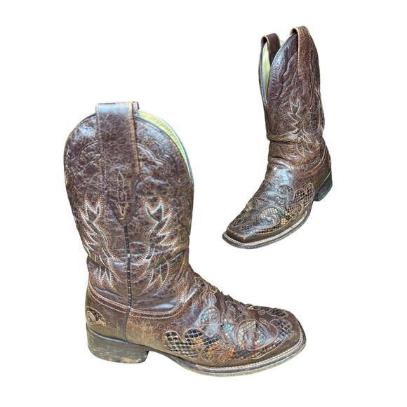 Corral Vintage A2160 Python Inlay Cowboy Western Boots Shoes Chocolate Womens 8‎ - Picture 1 of 11